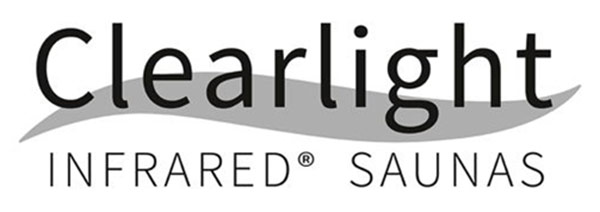 Logo for Clearlight Infrared Saunas. The word "Clearlight" is written in bold, black letters above "INFRARED SAUNAS," with a gray wave shape in the background.